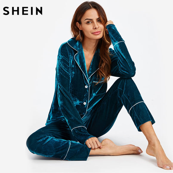 SHEIN Notch Collar Binding Pocket Top & Pants Pajama Set