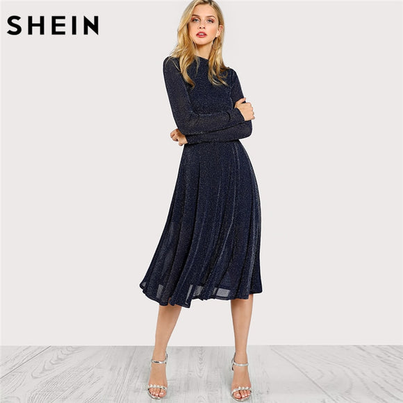 A Line Ladies Dresses Navy Long Sleeve Mock Neck Glitter Fit abd Flare Dress