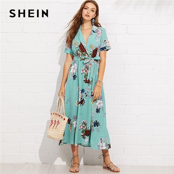 Turquoise Vacation Boho Bohemian Beach Notch Collar Wrap Front Belted Botanical Dress