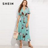 Turquoise Vacation Boho Bohemian Beach Notch Collar Wrap Front Belted Botanical Dress