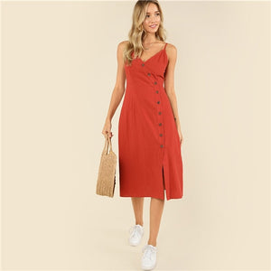 Rust Weekend Casual Backless Spaghetti Strap Sleeveless Buttoned Wrap
