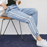 Spring Summer Holes Fashion Women Jeans Trousers Ankle Length Pants High Waist Pockets Harem Stripe Vintage
