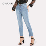 Blue Casual Solid Frayed Hem Denim Jeans Autumn Ripped High Waist Jeans Female Pants Spring Boyfriend Jeans