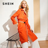 Orange Highstreet Workwear Button Front Notched Neck Belted Solid