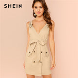 Khaki Highstreet Office Lady Adjustable Strap Pocket Side Deep V Neck Belted High Waist Dress