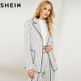 Black And White Striped Long Blazer With Wide Leg Pants