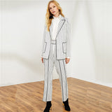 Black And White Striped Long Blazer With Wide Leg Pants