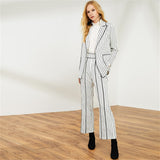 Black And White Striped Long Blazer With Wide Leg Pants