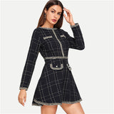 Navy Plaid Fringe And Pearl Embellished Tweed Dress