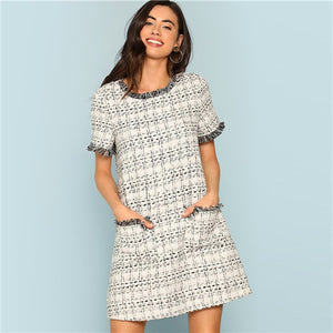 Button Detail Tweed Shift Dress