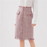 SHEIN Pink Office Lady Frayed Edge Trim Button Up Plaid Single Breasted Highstreet Jacket