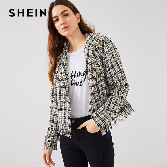 Black and White Plaid Frayed Trim Tweed Blazer