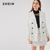 Black And White Double Breasted Frayed Tweed Blazer With Frayed Trim Plaid Tweed Skirt