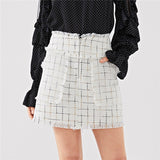 Black And White Double Breasted Frayed Tweed Blazer With Frayed Trim Plaid Tweed Skirt