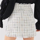 Black And White Double Breasted Frayed Tweed Blazer With Frayed Trim Plaid Tweed Skirt
