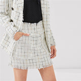 Black And White Double Breasted Frayed Tweed Blazer With Frayed Trim Plaid Tweed Skirt