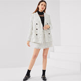 Black And White Double Breasted Frayed Tweed Blazer With Frayed Trim Plaid Tweed Skirt