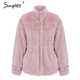 Autumn winter warm soft zipper fur jacket  elastic waist sash sleeve overcoat