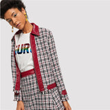 Multicolor Tweed Colorblock Frayed Edge Zip Up Jacket With Edge Sheath Skirt