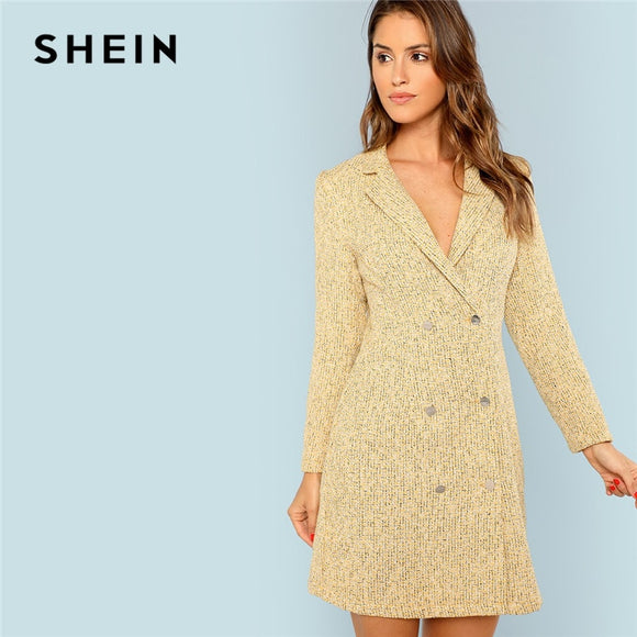 Yellow Notch Collar Double Breasted Tweed Dress