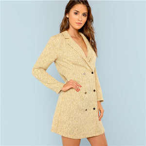 Yellow Notch Collar Double Breasted Tweed Dress