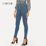 Blue Single Breasted High Waist Denim Jeans Woman Autumn Solid Boyfriend Women Jeans Female Skinny Pencil Pants
