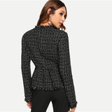 Black Highstreet Elegant Zip Up Frayed Edge Peplum Tweed Plaid