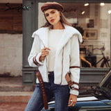 Turndown collar zipper winter women coat parka Sash shaggy white thick