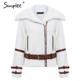 Turndown collar zipper winter women coat parka Sash shaggy white thick