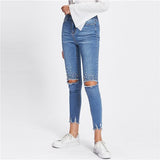 Blue Casual Pearl Beading Ripped Casual Denim Jeans Autumn Streetwear Mid Waist Jeans Female Stretchy Pants